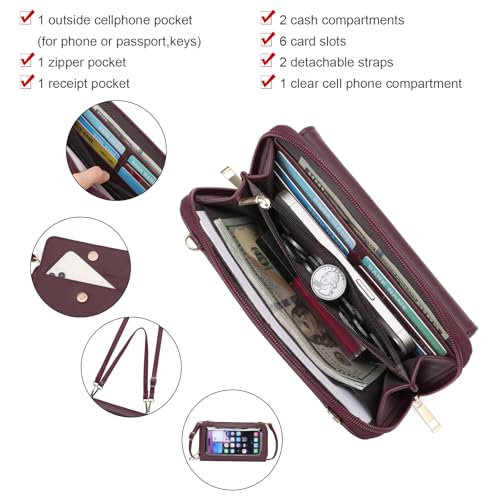 GOIACII Phone Purse Crossbody Bags for Women Small Travel Wallet Touch Screen RFID Blocking - color: C01 Wined-red