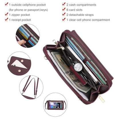 GOIACII Phone Purse Crossbody Bags for Women Small Travel Wallet Touch Screen RFID Blocking - color: C01 Wined-red