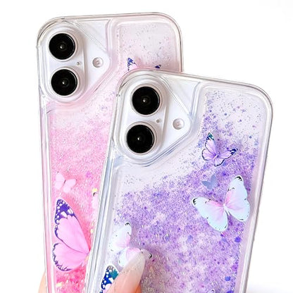 Compatible with iPhone 17 Pro Glitter Butterfly Case Glow in The Dark Women Girls Girly Bling Sparkle Flowing Quicksand Light up Soft TPU Bumper Luminous Clear Phone Cover, Blue - color: Purple, size: iPhone 17