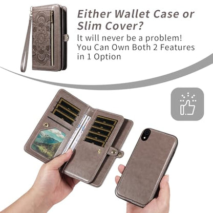 Asuwish Phone Case for iPhone XR 6.1 Zipper Wallet Magnetic Cell Cover with Tempered Glass Screen Protector Strap Flower Card Holder iPhoneXR iPhone10R i Phonex 10XR 10R RX CR iPhoneXRcases Women Gray - color: Gray