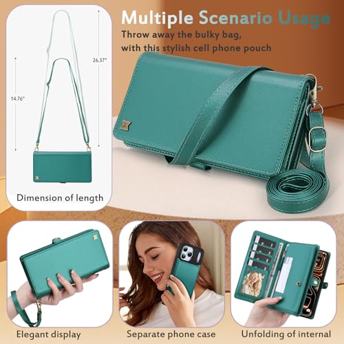 for Wallet Case Compatible with iPhone 17 Pro Max,Multi-Function Detachable 2 in 1 Magnetic iPhone 17 Pro Max Case Wallet,Flip Strap Zipper Card Holder Phone Case with Shoulder Straps (Green) - color: Green, size: iPhone 17 Pro Max