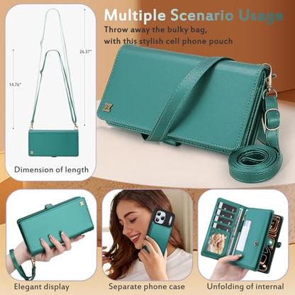 for Wallet Case Compatible with iPhone 17 Pro Max,Multi-Function Detachable 2 in 1 Magnetic iPhone 17 Pro Max Case Wallet,Flip Strap Zipper Card Holder Phone Case with Shoulder Straps (Green) - color: Green, size: iPhone 17 Pro Max