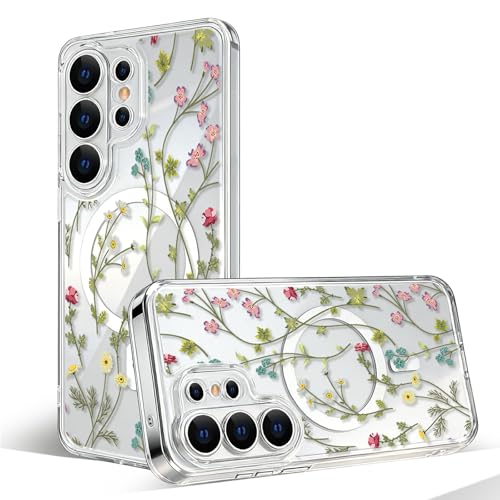 Magnetic Case for Samsung Galaxy S26 Ultra [Compatible with MagSafe] Cute Clear Flower Floral Case for Women Girls Soft TPU Bumper Hard PC Back Anti-Fall Shockproof Protective Slim Cover A8 - color: Flower Branch 1, size: Samsung Galaxy S26 Ultra Case