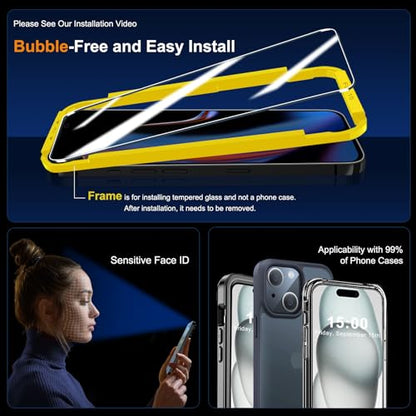 QHOHQ 3 Pack Screen Protector for iPhone 15 [6.1 Inch] with 3 Pack Camera Lens Protector, Tempered Glass Film, HD Clear, 9H Hardness, No Bubbles, Case Friendly - size: iPhone 15 6,1 Inch