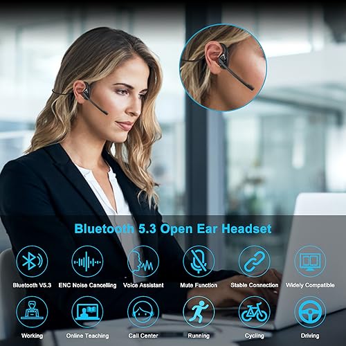 iDIGMALL Bluetooth Headset with Mic, Open Ear Headphones with Microphone - color: Black