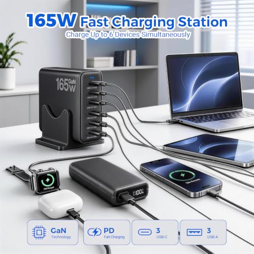 165W GaN Charging Station, 6-Port Desk Charging Station, Black - color: Black