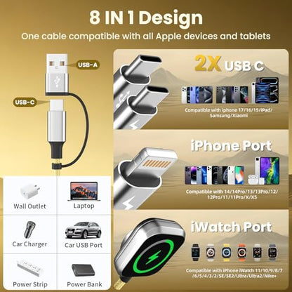 Travel Essentials Multi Charging Cable for iWatch Charger/iPhone 17, 5FT - color: Yellow, size: 1Pack 5FT