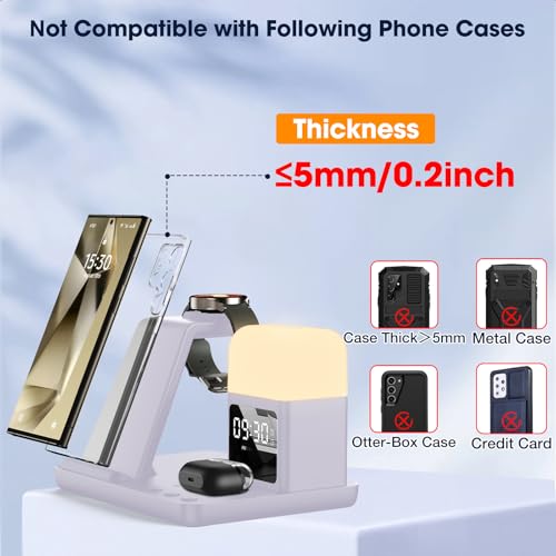 Wireless Charger for Samsung/Android, 6 in 1 Phone Nightstand Charging Station Charger with Alarm Clock/Night Light for Samsung S26/S25/S24 Ultra/Buds4,Watch Charger for Galaxy Watch 8/7/6/5 - color: Violet