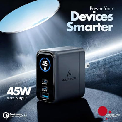 45W Smart LED Wozoyo GaN Charger, 2XType-C & USB-A Superfast 2.0 Charging, Compatible For iPhone 17/16/16 Pro Max/15 Series/iPad Pro, Smartphones, Tablets And More, PD/PPS/QC 3.0,Compact Foldable Plug