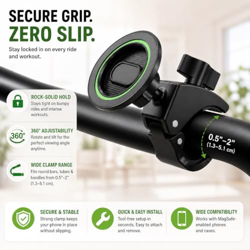 Heavy Duty Magnetic Phone Mount for Gym & Spin Bikes, N52 Clamp for Peloton/Treadmill/Stroller/Golf Cart, 360° Rotatable, Compatible with MagSafe iPhone 12-17 - color: green