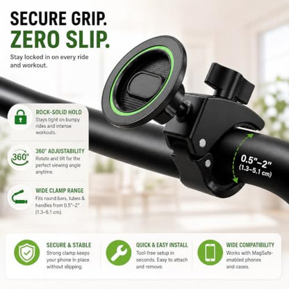 Heavy Duty Magnetic Phone Mount for Gym & Spin Bikes, N52 Clamp for Peloton/Treadmill/Stroller/Golf Cart, 360° Rotatable, Compatible with MagSafe iPhone 12-17 - color: green