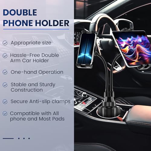 DaisyInner Dual Phone Holder for Car Cupholder, 360° Rotatable 4.7-10"