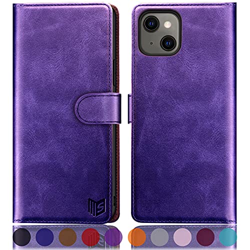 SUANPOT for iPhone 13（Non 13Pro） 6.1 inch 5G with RFID Blocking Wallet case Credit Card Holder,Flip Book PU Leather Phone case Shockproof Cover Cellphone Women Men for Apple 13 case Wallet Purple - color: Purple