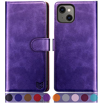 SUANPOT for iPhone 13（Non 13Pro） 6.1 inch 5G with RFID Blocking Wallet case Credit Card Holder,Flip Book PU Leather Phone case Shockproof Cover Cellphone Women Men for Apple 13 case Wallet Purple - color: Purple