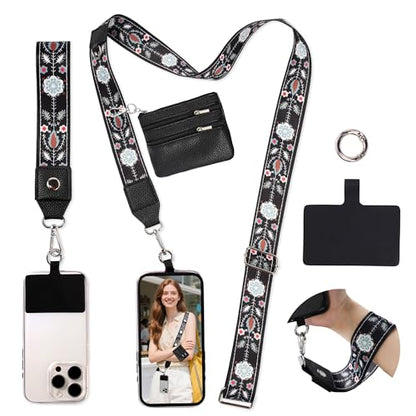 FUVLIFE Cell Phone Lanyard Crossbody, Clip and Go Phone Strap with Wallet | Phone Strap with Zippered Pouch for Travel Cruise, Adjustable 43”–62”, Datechable Phone Wrist Strap, Women Men Teacher Gift - color: Flower