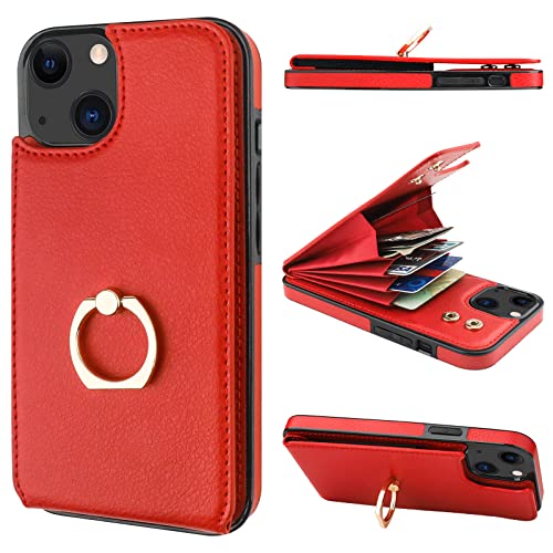 Folosu Compatible with iPhone 14 Case Wallet with Card Holder, 360°Rotation Finger Ring Holder Kickstand, RFID Blocking Leather Protective Double Buttons Shockproof Cover 6.1 Inch Red - color: Red, size: iPhone 14