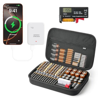 Battery Organizer Storage Case Box with Emergency Power Bank - Convert 4 AA Batteries to Phone Charger with Tester BT-168 PRO for AA AAA C D 9V CR2032 3V, Safe Battery Holder Holds 200+ Batteries