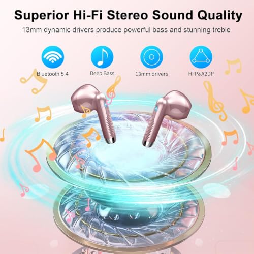 Wireless Earbuds, 2026 Bluetooth 5.4 Headphones Bass Stereo, Ear Buds with 4 Mics ENC Noise Cancelling, Bluetooth Earbuds 56H Playtime LED Display Rose Gold - color: Rose gold