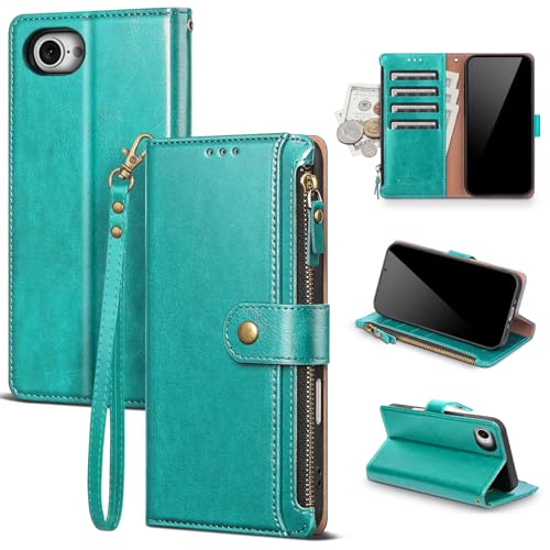 Compatible with iPhone 17e / 16e Wallet Case with Card Holder RFID Blocking Zipper Poket PU Leather Flip Phone Case with Wrist Strap Credit Card Slots Men Women,Blue Green - color: Blue Green