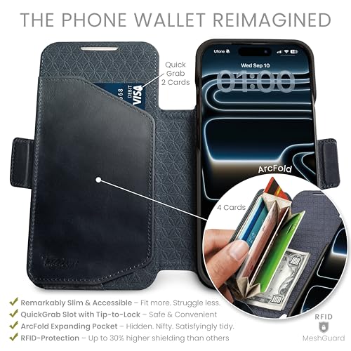 Dreem Real Leather Magnetic Detachable Wallet Case for iPhone 17 Pro | Revolutionary Vert/Hor Phone Stand, RFID Blocking Card Holder Flip Cover, MagSafe-Fit, Gift Box [Fibonacci: Graphite Blue]