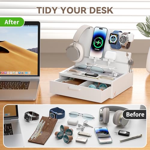 Pezin&Hulin Docking Station with Drawer, Nightstand Organizer (White) - color: White