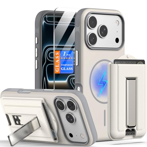 Nvollnoe for iPhone 17 Pro Case with Card Holder & Screen Protector, Compatible with Magsafe, Built-in Kickstand, Detachable Magnetic Wallet Case for iPhone 17 Pro(White) - color: White