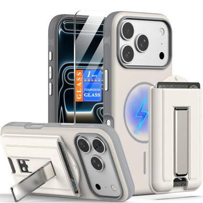 Nvollnoe for iPhone 17 Pro Case with Card Holder & Screen Protector, Compatible with Magsafe, Built-in Kickstand, Detachable Magnetic Wallet Case for iPhone 17 Pro(White) - color: White