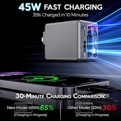45W Retractable Wall Charger 4 Port with Built-in Type-C, Travel Ready