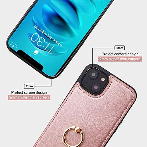 Folosu Compatible with iPhone 14 Case Wallet with Card Holder, 360°Rotation Finger Ring Holder Kickstand, RFID Blocking Leather Protective Double Buttons Shockproof Cover 6.1 Inch Rose Gold - color: Rose Gold, size: iPhone 14