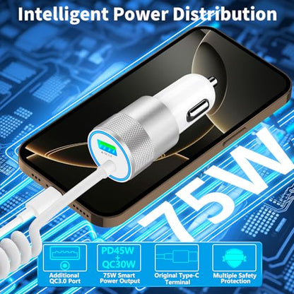 Apple MFi Certified iPhone Car Charger Fast Charging, 75W USB-C Car Charger - color: Porcelain White
