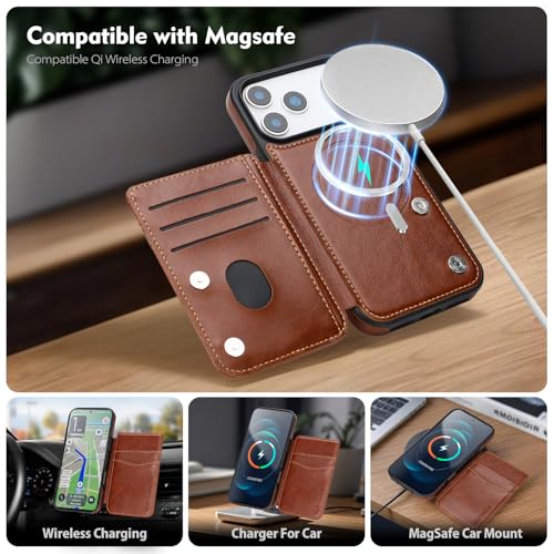 SkyEagle Compatible with MagSafe iPhone 17 Pro Case Wallet,Brown | Magnetic Clasp,RFID Blocking,PU Leather,Flip Folio Shockproof Phone Cover,with Credit Card Slots & Kickstand for Men & Women - color: Brown, size: iPhone 17 Pro - 6.3"