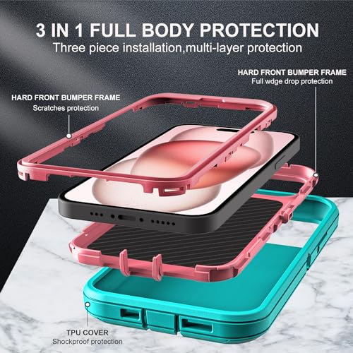YKHJKLEC for iPhone 15 Case, Military Grade 3 in 1 Heavy Duty Shockproof/Drop Proof/Dust Proof Case with 2Pcs Tempered Glass Screen Protector (Aqua Blue/Pink) - color: Aqua Blue/Pink