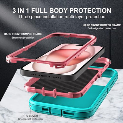YKHJKLEC for iPhone 15 Case, Military Grade 3 in 1 Heavy Duty Shockproof/Drop Proof/Dust Proof Case with 2Pcs Tempered Glass Screen Protector (Aqua Blue/Pink) - color: Aqua Blue/Pink