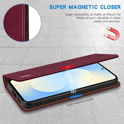 ZZXX for Samsung Galaxy S25 FE Wallet Case with [RFID Blocking] Card Slot Stand Strong Magnetic PU Leather Flip Fold Protective Phone Case for Samsung Galaxy S25 FE Case Wallet(Wine Red-6.7 inch) - color: Wine Red