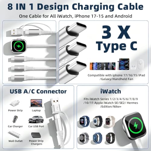 Travel Essentials, 3 USB C Multi Charging Cable with iWatch Charger for Car - color: Pearl White, size: 1Pack5FT