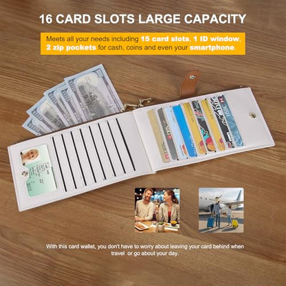 Travelambo RFID Wallet Women Large Size Bifold Multi Card Wallet Case with Zipper Pocke Credit Card Holder for Women - color: Beige & Brown