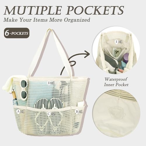 GYEUKHAM Mesh Beach Bag for Women, Sand-Resistant Pool Tote, 9 Pockets (1 Inner Zip), Foldable Family Travel Essentials - color: 6 Pockets-beige
