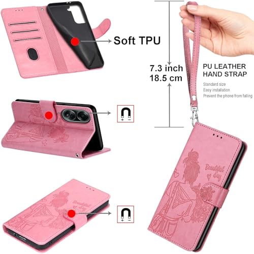 Wallet Case for Samsung Galaxy S24 Plus 6.7 inch, Pink Girl | Women Flip Folio Cover, Embossed PU Leather, Stand, Credit Card Holders Slots, Wrist Strap - color: 9