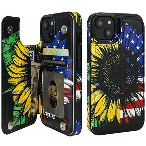 HAOPINSH for iPhone 14 Wallet Case with Card Holder, American Flag Sunflowers Pattern Back Flip Folio PU Leather Kickstand Card Slots Case for Women Girls, Double Magnetic Clasp Shockproof Cover 6.1" - color: American Flag Sunflowers