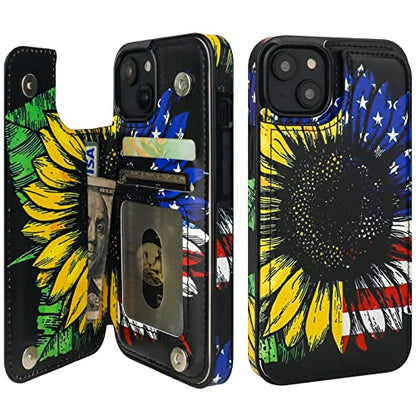 HAOPINSH for iPhone 14 Wallet Case with Card Holder, American Flag Sunflowers Pattern Back Flip Folio PU Leather Kickstand Card Slots Case for Women Girls, Double Magnetic Clasp Shockproof Cover 6.1" - color: American Flag Sunflowers