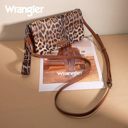 Wrangler Leopard Print Wallets Womens Crossbody Wallet Cheetah RFID Blocking Bifold Small Clutch Credit Card Holder Purse - color: B-leopard Brown