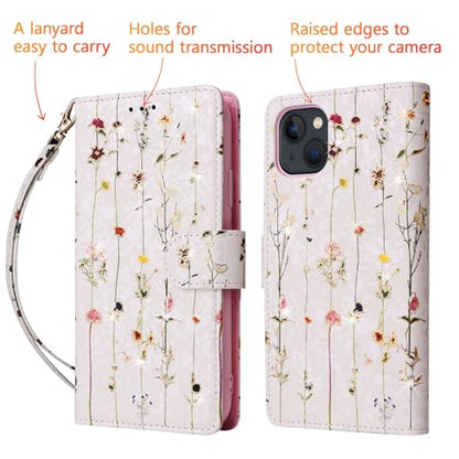 UEEBAI Wallet Case for iPhone 15, PU Leather Phone Cover Kickstand RFID Blocking Flip Case Card Slots Wrist Strap Relief Engraved Pattern Magnetic Closure Flower Folio Wallet, Vine - color: Vine, size: iPhone 15