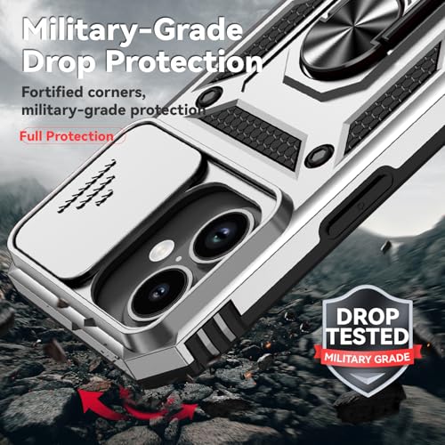 for iPhone 17 Case, with Slide Camera Cover HD Screen Protector [Military Grade 16ft. Drop Tested] Ring Holder Kickstand Protective Phone Case for Apple iPhone 17, Silver - color: Silver w/ Slide Camera 2nd gen. Military Grade