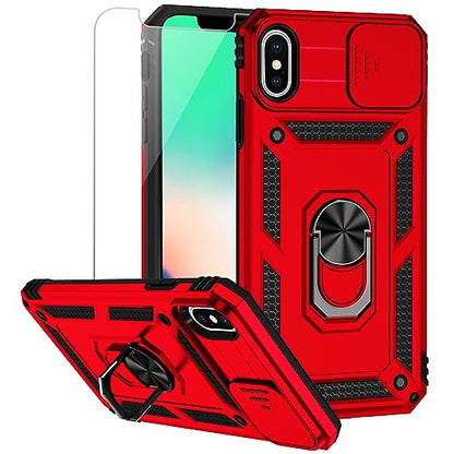 for iPhone Xs Max Case with Camera Lens Cover HD Screen Protector, Dual Layer Military Grade Drop Protection Magnetic Ring Holder Kickstand Protective Phone Case for iPhone Xs Max 6.5 inch (Red) - color: Red with camera cover Military-Grade 2nd gen