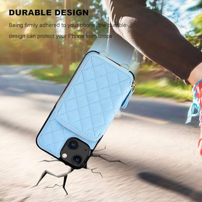Bocasal Crossbody Wallet Case Card Holder for iPhone 13, Light Blue | RFID Blocking PU Leather Zipper Handbag Purse, Kickstand Flip Folio Case with Card Slots Holder Wrist Strap Lanyard 6.1 Inch - color: Blue