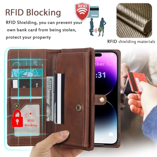 for Wallet Case Compatible with iPhone 14 Pro Max,Multi-Function Detachable 2 in 1 Magnetic iPhone 14 Pro Max Case Wallet,Flip Strap Zipper Card Holder Phone Case with Shoulder Straps(Brown) - color: Brown, size: iPhone 14 pro max