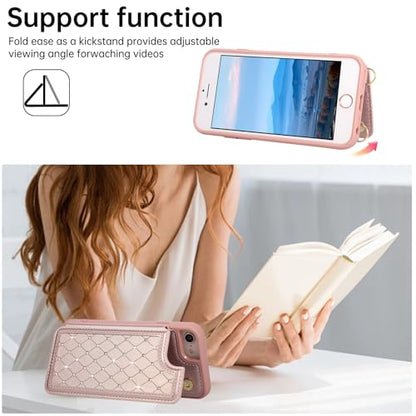 for iPhone 7/8/SE 2022/SE 2020 Wallet Case with Card Holder Slots and Strap, RFID Blocking Magnetic Flip Folio Cover, Crossbody Purse Protection Case with Kickstand,Rose Gold Diamond - color: Rose Gold Diamond, size: iPhone 7/8/SE 2022/SE 2020(6.6")