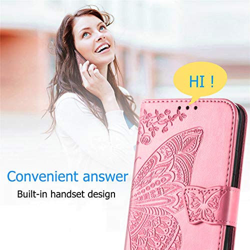 Wallet Case for Samsung Galaxy A03s with Card Holder Pink | PU Leather Flip Phone Cover,Wrist Strap,Woman Man Purse,Emboss Butterfly Flower,Stand,Shockproof TPU Shell, Magnetic Closure - color: B Pink