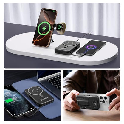 Magnetic Portable Charger Built-in Cables,10000mAh Fast Charging Wireless Charger Station External Battery Pack Slim Pocket Size Power Bank with Stand Compatible with iWatch, iPhone - color: Black