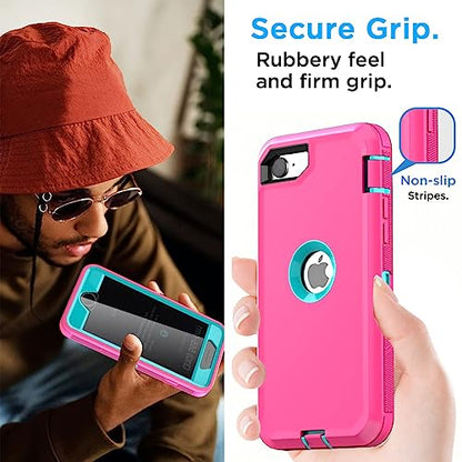 AICase for iPhone SE Case 3rd & 2nd Generation, for iPhone SE 2022/2020 Built-in Screen Protector Heavy Duty Protective Shockproof 3-Layer Full Body Rugged Phone Cover, Pink/Aqua Blue - color: Pink/aqua blue